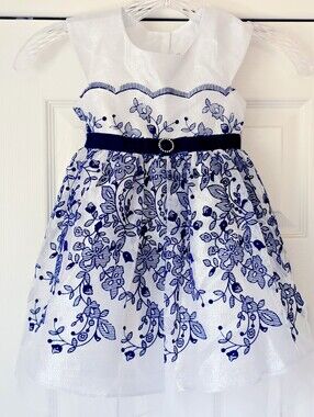 Sz 3 Jona Michelle White  Dress with Navy Floral Trim